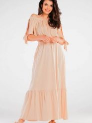 Bluzka Model A430 Beige - awama. Brązowe bluzki damskie Awama, l, bez wzorów, z elastanu, eleganckie, bez kołnierzyka, bez ramiączek. Za 220.55 zł.