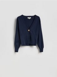 Kardigan z ozdobnym zapięciem - granatowy. Niebieskie kardigany damskie Reserved, l, bez wzorów, z dzianiny, bez kołnierzyka. Za 169.99 zł.