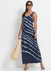 Sukienka maxi z batikowym nadrukiem. Niebieskie sukienki damskie bonprix, na lato, z aplikacjami, bez kołnierzyka, bez ramiączek, maxi. Za 99.99 zł.