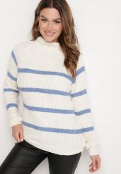 Beżowo-Niebieski Sweter z Wiskozą w Paski Dintia. Niebieskie swetry nierozpinane damskie Born2be, uniwersalny, bez wzorów, z jeansu, eleganckie, bez kołnierzyka, bez ramiączek. Za 64.99 zł.