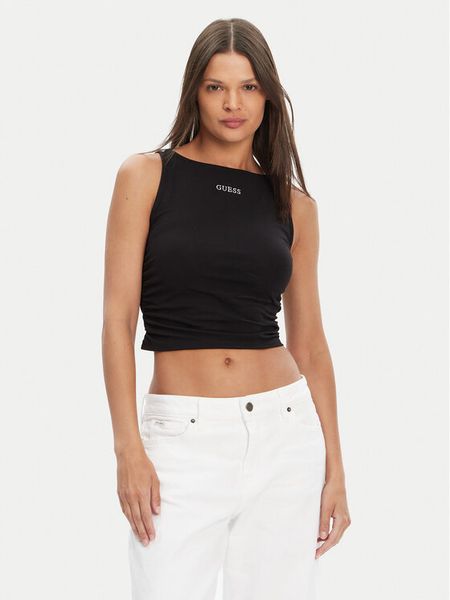Guess Top V5YP00 J1314 Czarny Regular Fit. Czarne topy damskie Guess, xs, z aplikacjami, z bawełny, bez kołnierzyka, bez ramiączek. Za 109.99 zł.