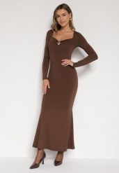 Brązowa Sukienka z Wiskozą Ozdobiona Metalową Klamrą Refira. Brązowe sukienki damskie Born2be, na co dzień, s, bez wzorów, z wiskozy, eleganckie, bez kołnierzyka, bez ramiączek, proste. Za 149.99 zł.