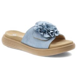 Niebieskie Klapki Rieker Wygodne Obuwie Damskie Z Kwiatem. Niebieskie klapki damskie Rieker, na lato, bez wzorów, bez obcasa, bez zapięcia. Za 287.90 zł.
