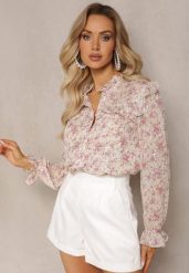 Jasnobeżowa Koszula w Kwiaty ze Stójką Falbankami i Połyskującym Zdobieniem Blemia. Brązowe koszule damskie Renee, l, z aplikacjami, eleganckie, bez kołnierzyka, bez ramiączek. Za 89.99 zł.