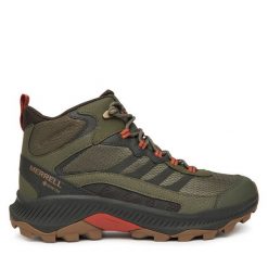 Trekkingi Merrell. Zielone botki męskie Merrell, bez wzorów, z gore-texu, sportowe, bez obcasa, bez zapięcia. Za 579.99 zł.