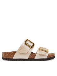 Birkenstock Klapki Sydney Cushion Buckle 1029492 Écru. Klapki damskie Birkenstock, bez wzorów, ze skóry, bez obcasa, bez zapięcia. Za 539.99 zł.