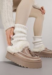 Ciemnobeżowe Śniegowce na Grubej Podeszwie z Haftem i Futerkiem Ezilune. Brązowe śniegowce damskie Born2be, z jeansu, bez zapięcia. Za 99.99 zł.