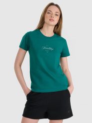4F T-shirt regular z nadrukiem damski - turkusowy S. Niebieskie koszulki sportowe damskie 4F, s, bez wzorów, z bawełny, bez ramiączek. W wyprzedaży za 39.99 zł.