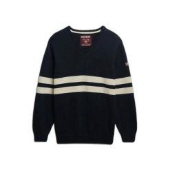 Damski oversize sweter w paski z dekoltem w serek Superdry. Niebieskie swetry nierozpinane damskie Superdry, na zimę, bez wzorów, casualowe, bez kołnierzyka, bez ramiączek. Za 326.65 zł.