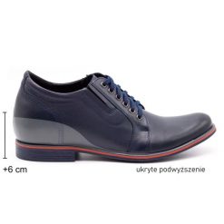 Olivier Buty męskie podwyższające P24 granatowe niebieskie. Niebieskie buty wizytowe męskie bez wzorów, ze skóry, bez obcasa, bez zapięcia. Za 423.31 zł.
