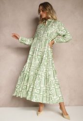Zielona Rozkloszowana Sukienka z Wiskozą w Geometryczny Print Apirestia. Zielone sukienki damskie Renee, na co dzień, l, bez wzorów, z wiskozy, eleganckie, bez kołnierzyka, bez ramiączek, maxi, proste. Za 119.99 zł.