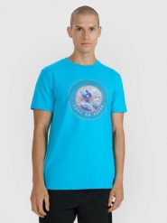 4F T-shirt regular z nadrukiem męski - niebieski M. Niebieskie t-shirty męskie 4F, m, bez wzorów, z bawełny, bez kołnierzyka, bez ramiączek. Za 69.99 zł.