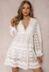 Biała Sukienka Rhodaera. Białe sukienki damskie Renee, m, bez wzorów, z koronki, boho, bez kołnierzyka, bez ramiączek, mini, rozkloszowane. Za 49.99 zł.