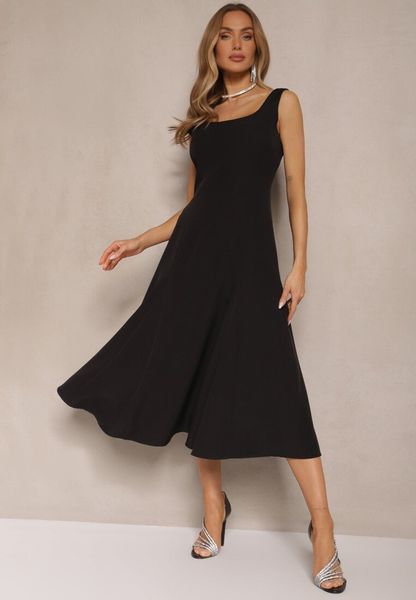 Czarna Rozkloszowana Sukienka w Klasycznym Stylu Deslene. Czarne sukienki damskie Renee, na co dzień, l, bez wzorów, eleganckie, bez kołnierzyka, bez ramiączek, midi, proste. Za 109.99 zł.