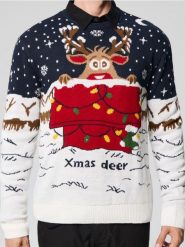 Świecący sweter ze świątecznym motywem - granatowy. Niebieskie swetry męskie Sinsay, l, bez wzorów, wizytowe, bez kołnierzyka, bez ramiączek. Za 79.99 zł.