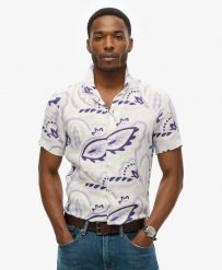 Superdry Lniana koszula z nadrukiem i rozpiętym kołnierzem. Szare koszule damskie Superdry, xl, bez wzorów, ze lnu, casualowe, bez kołnierzyka, bez ramiączek. Za 284.90 zł.