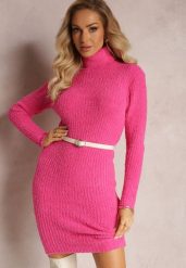 Fuksjowa Sweterkowa Sukienka Mini w Prążki z Wełną Klonxe. Czerwone sukienki damskie Renee, bez wzorów, z dzianiny, bez kołnierzyka, bez ramiączek, mini. Za 69.99 zł.