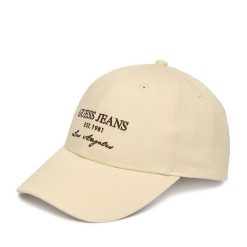 Czapka z daszkiem Guess Jeans. Brązowe czapki damskie Guess Jeans, z aplikacjami, z jeansu. Za 79.99 zł.