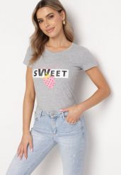 Szara Bawełniana Bluzka z Nadrukiem i Napisem Vemassa. Szare bluzki damskie Born2be, m, bez wzorów, z bawełny, bez kołnierzyka, bez ramiączek. Za 34.99 zł.
