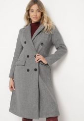 Ciemnoszary Płaszcz Dwurzędowy Lodis. Szare płaszcze damskie Born2be, m, bez wzorów, z tkaniny, eleganckie, bez kołnierzyka, bez kaptura. Za 189.99 zł.