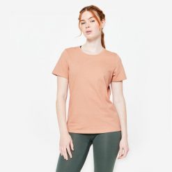 Koszulka z krótkim rękawem damska Domyos Gym & Pilates. Zielone bluzki damskie DOMYOS, m, bez wzorów, z bawełny, sportowe, bez kołnierzyka, bez ramiączek. Za 39.99 zł.