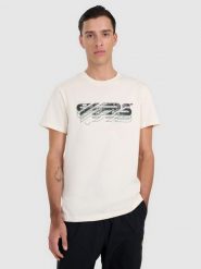 4F T-shirt regular z nadrukiem męski - biały M. Białe t-shirty męskie 4F, m, bez wzorów, ze skóry, bez kołnierzyka, bez ramiączek. Za 69.99 zł.