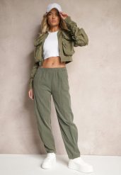 Ciemnozielone Spodnie z Bawełny High Waist Galili. Zielone spodnie materiałowe damskie Renee, bez wzorów, z bawełny, eleganckie, z podwyższonym stanem. Za 119.99 zł.
