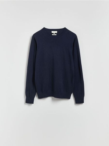 Sweter z wełny merino - granatowy. Niebieskie swetry męskie Reserved, l, bez wzorów, z wełny, bez kołnierzyka, bez ramiączek. Za 199.99 zł.