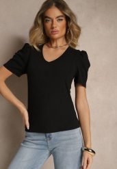 Czarny T-shirt z Trójkątnym Dekoltem Sunille. Czarne t-shirty damskie Renee, m, bez wzorów, z jeansu, bez kołnierzyka, bez ramiączek. Za 34.99 zł.