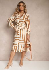Beżowa Sukienka z Wiskozą o Koszulowym Kroju w Geometryczny Print Ninatria. Brązowe sukienki damskie Renee, na co dzień, l, bez wzorów, z wiskozy, eleganckie, bez kołnierzyka, bez ramiączek, midi, koszulowe. Za 119.99 zł.