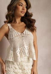 Beżowy Bawełniany Top Ażurowy w Stylu Boho Cosmothetic. Brązowe topy damskie Renee, uniwersalny, w ażurowe wzory, z bawełny, boho, bez kołnierzyka, bez ramiączek. Za 59.99 zł.