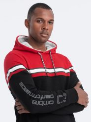 Bluza męska z kapturem trzykolorowa - czerwona V3 - Rozmiar: S. Czerwone bluzy męskie Ombre Clothing, l, bez wzorów, z bawełny, bez ramiączek, z kapturem. W wyprzedaży za 69.99 zł.