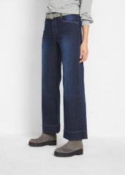 Dżinsy wide leg, mid waist, ze stretchem. Niebieskie jeansy damskie bonprix, bez wzorów, z jeansu. Za 109.99 zł.