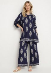 Granatowy Komplet w Stylu Boho Oversize Długa Koszula i Luźne Spodnie Meppina. Niebieskie koszule damskie Born2be, m, bez wzorów, boho, bez kołnierzyka, bez ramiączek. Za 119.99 zł.