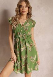 Zielona Rozkloszowana Sukienka Mini we Wzór Paisley Rachelli. Zielone sukienki damskie Renee, l, z aplikacjami, eleganckie, bez kołnierzyka, bez ramiączek, mini, rozkloszowane. Za 69.99 zł.