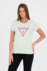 GUESS Zielony t-shirt Original Tee. Zielone t-shirty damskie Guess, s, z aplikacjami, z bawełny, bez kołnierzyka, bez ramiączek. W wyprzedaży za 127.99 zł.