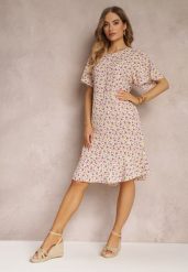 Beżowa Sukienka Midi o Pudełkowym Kroju w Kwiaty Kimbr. Brązowe sukienki damskie Renee, l, bez wzorów, bez kołnierzyka, bez ramiączek, midi. Za 39.99 zł.