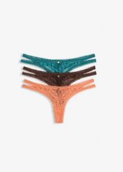 Stringi tanga z koronką w kwiaty (3 szt.). Brązowe majtki damskie bonprix, z koronki. Za 94.99 zł.