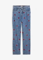 Jeansy loose, straight, high waist, z bawełny. Niebieskie jeansy damskie bonprix, bez wzorów, z bawełny, z podwyższonym stanem. Za 179.99 zł.