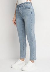 Jasnoniebieskie Jeansy o Dopasowanym Kroju z Wysokim Stanem Felamira. Niebieskie jeansy damskie Born2be, z aplikacjami, z jeansu, eleganckie, z podwyższonym stanem. Za 99.99 zł.