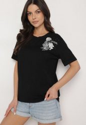 Czarny T-shirt z Bawełny Zdobiony Nadrukiem z Cyrkoniami Telerea. Czarne t-shirty damskie Born2be, l, z aplikacjami, z bawełny, eleganckie, bez kołnierzyka, bez ramiączek. Za 34.99 zł.