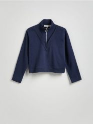 Bluza z rozpinanym półgolfem - granatowy. Niebieskie bluzy damskie Reserved, l, bez wzorów, z bawełny, bez ramiączek, bez kaptura. W wyprzedaży za 99.99 zł.