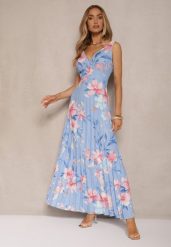 Niebieska Plisowana Sukienka o Rozkloszowanym Fasonie na Szerokich Ramiączkach Nitanela. Niebieskie sukienki damskie Renee, na imprezę, l, bez wzorów, z materiału, eleganckie, bez kołnierzyka, bez ramiączek, maxi, plisowane. Za 89.99 zł.