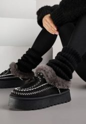 Czarne Śniegowce na Platformie Ozdobione Frędzlami i Haftem Ezivelle. Czarne śniegowce damskie Renee, bez zapięcia. Za 89.99 zł.