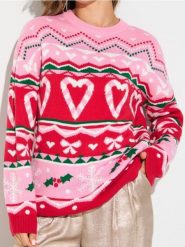 Świąteczny sweter w serca i śnieżynki - wielobarwny. Swetry nierozpinane damskie Sinsay, l, bez wzorów, wizytowe, bez kołnierzyka, bez ramiączek. Za 59.99 zł.