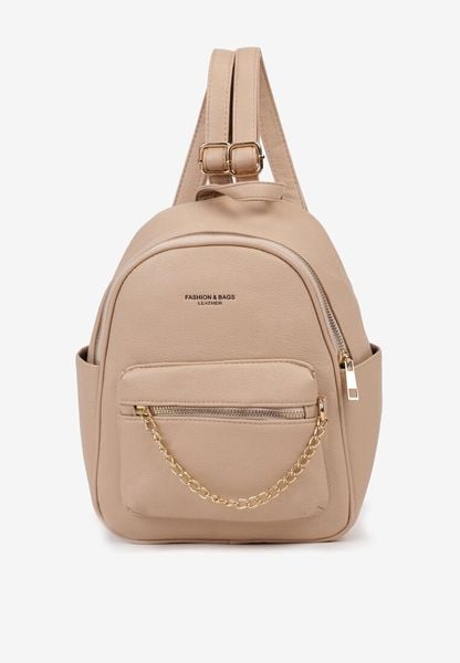 Beżowy Plecak na Regulowanych Szelkach z Ozdobnym Łańcuszkiem Gleda. Brązowe plecaki damskie Born2be, bez wzorów, z jeansu, eleganckie. Za 49.99 zł.