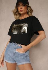 Czarny T-shirt z Bawełny z Naszytymi Cekinami Avenelli. Czarne t-shirty damskie Renee, xl, bez wzorów, z bawełny, eleganckie, bez kołnierzyka, bez ramiączek. Za 39.99 zł.