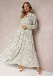 Miętowa Koszulowa Sukienka Maxi w Kwiaty z Falbaną na Dole Nilmisse. Zielone sukienki damskie Renee, l, bez wzorów, bez kołnierzyka, bez ramiączek, maxi, koszulowe. Za 149.99 zł.