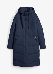Pikowany płaszcz z podszewką z pluszu w kapturze. Niebieskie płaszcze damskie bonprix, bez wzorów, bez kołnierzyka, bez kaptura. Za 309.99 zł.