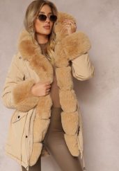 Beżowa Kurtka Parka ze Ściągaczem i Kapturem z Futerkiem Bellad. Brązowe kurtki damskie Renee, xl, z aplikacjami. Za 319.99 zł.